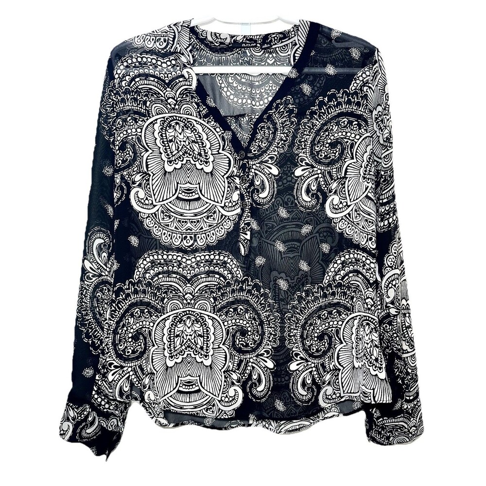 a.n.a Black White Medallion Paisley Sheer Boho Blouse Women’s Small